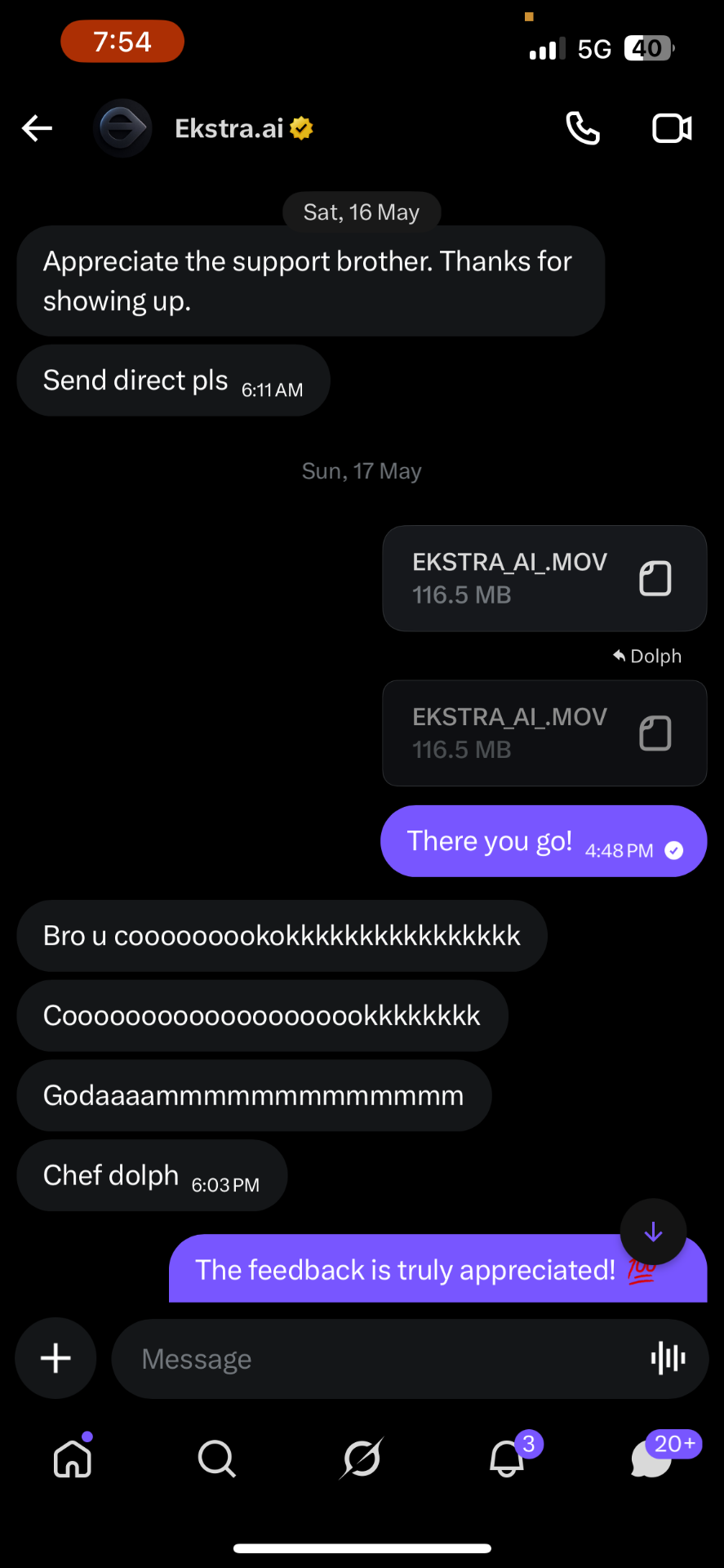 Ekstra.ai feedback message